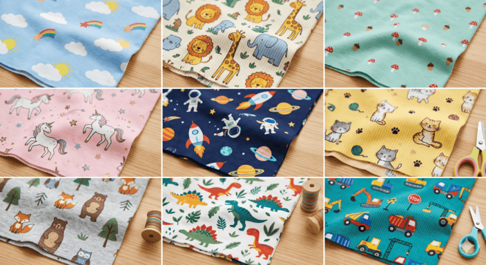 Printed hosiery fabric designs grid for children apparel